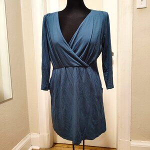 Garnet Hill faux wrap dress teal size medium Pima cotton office classic
